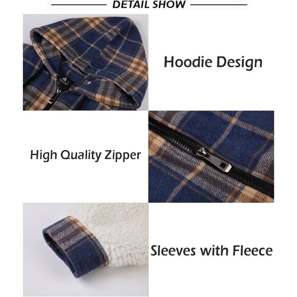 Men's Blue Orange Fleece Sherpa Lined Plaid Jackets Full Zip Up Hoodie Outwear - Picture 5 of 6